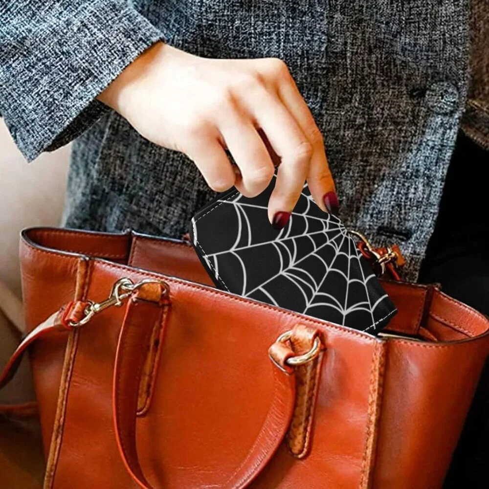Women's Spider Web Leather Zipper Card Case Accordion Credit Card Holder Wallet